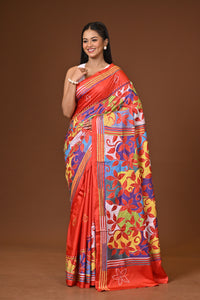 Blended Silk Kantha Stitch Saree Red