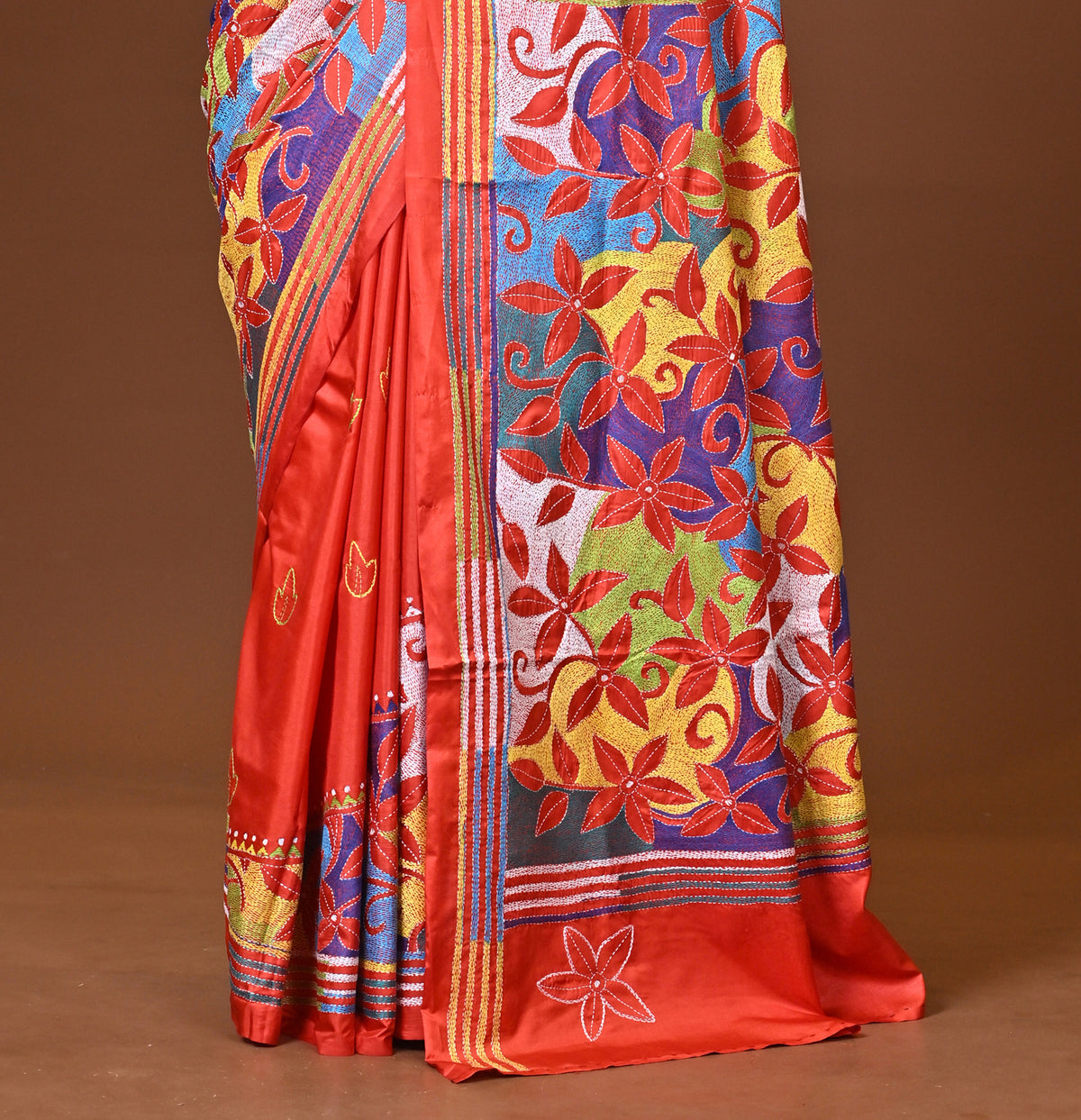 Blended Silk Kantha Stitch Saree Red
