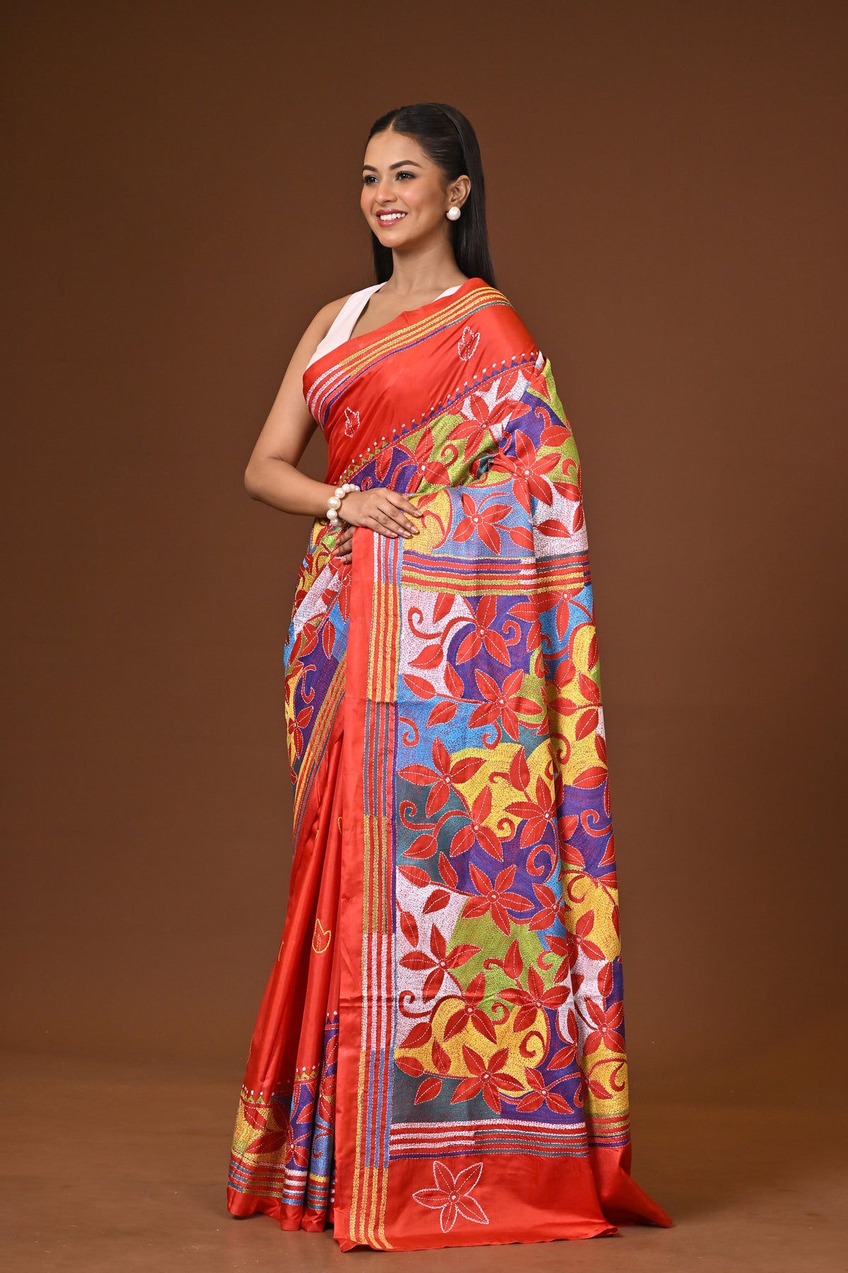 Blended Silk Kantha Stitch Saree Red