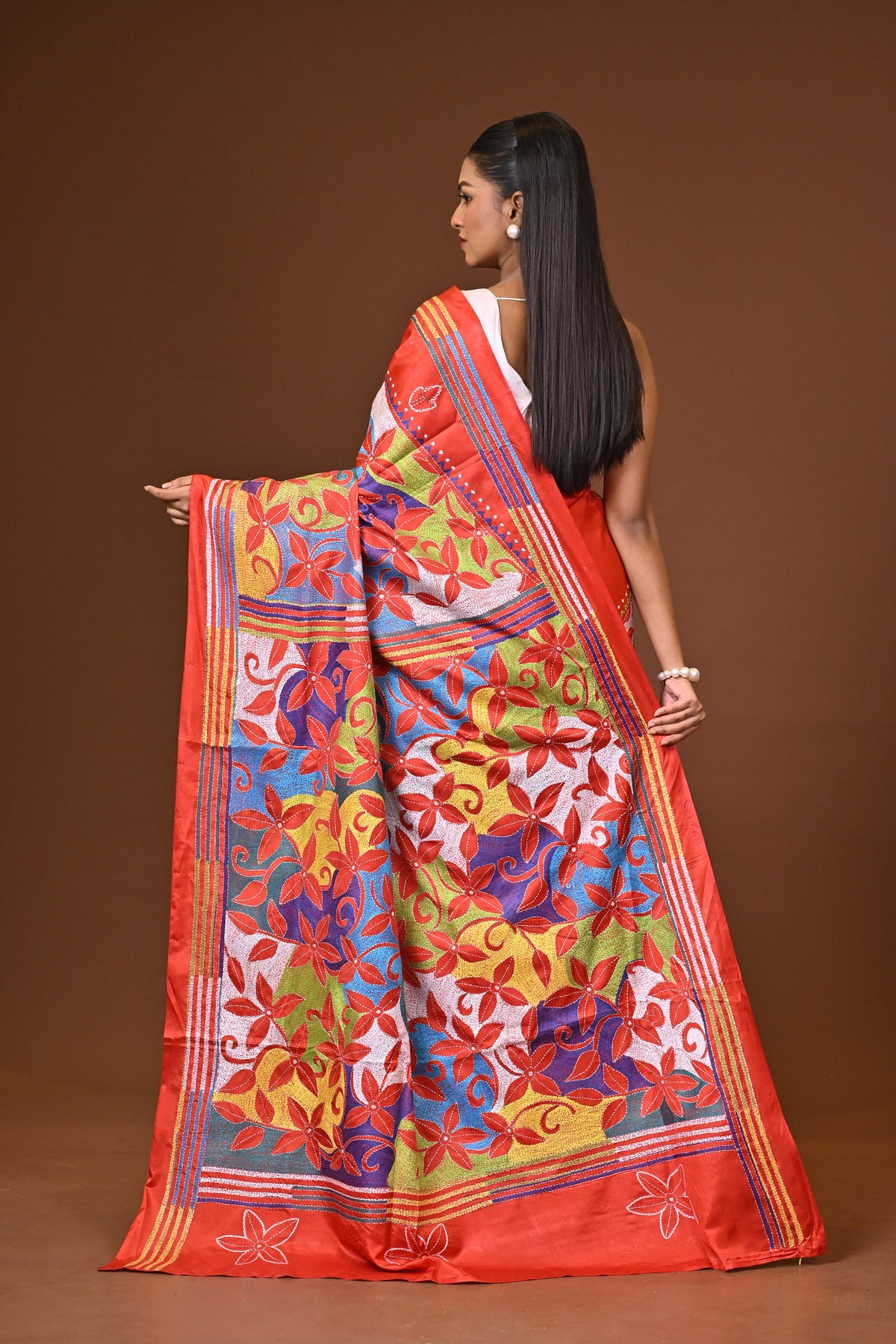 Blended Silk Kantha Stitch Saree Red