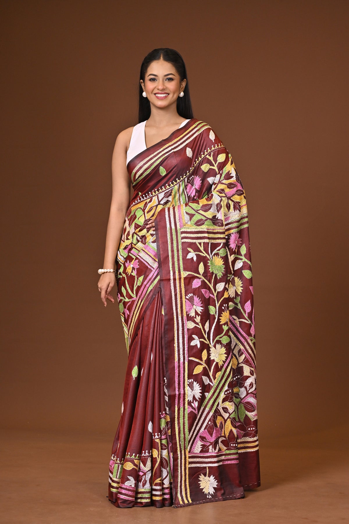 Blended Silk Kantha Stitch Saree Brown
