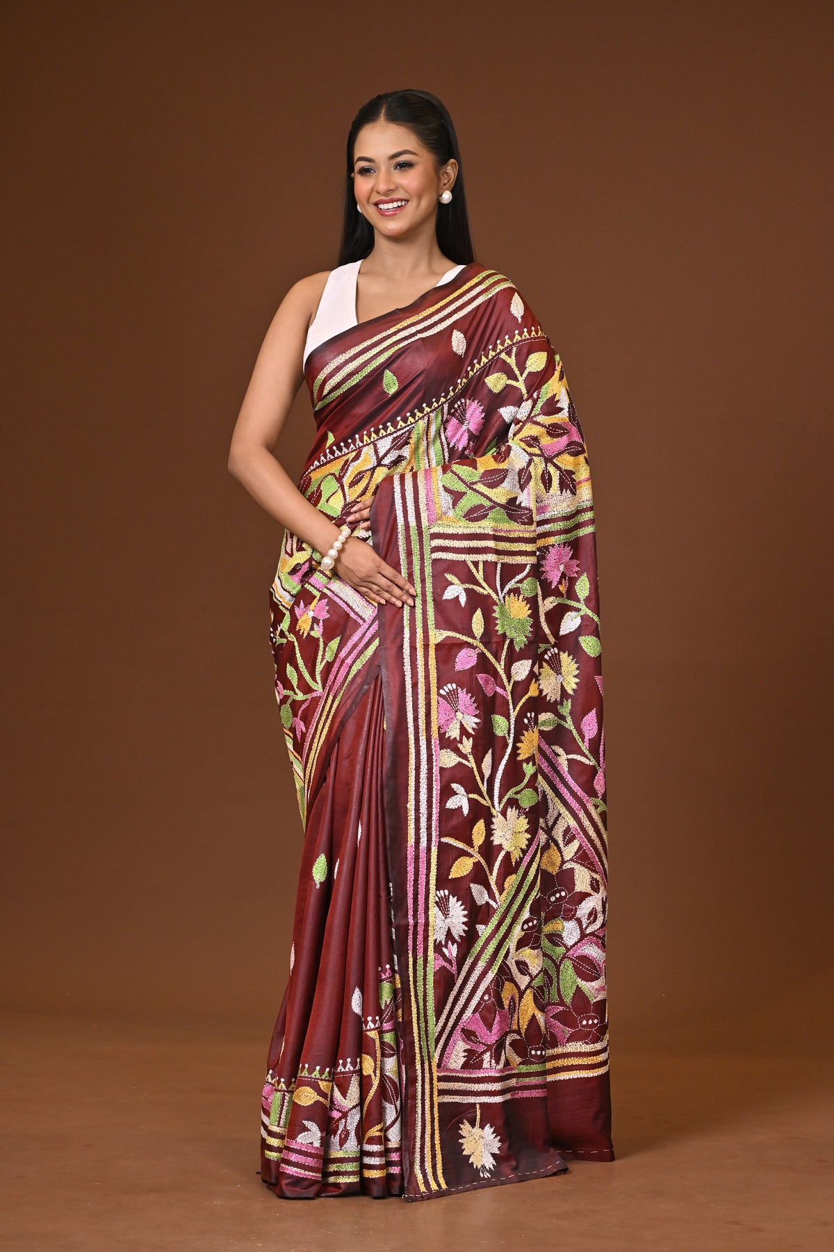 Blended Silk Kantha Stitch Saree Brown