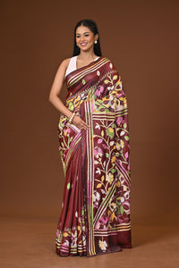Blended Silk Kantha Stitch Saree Brown