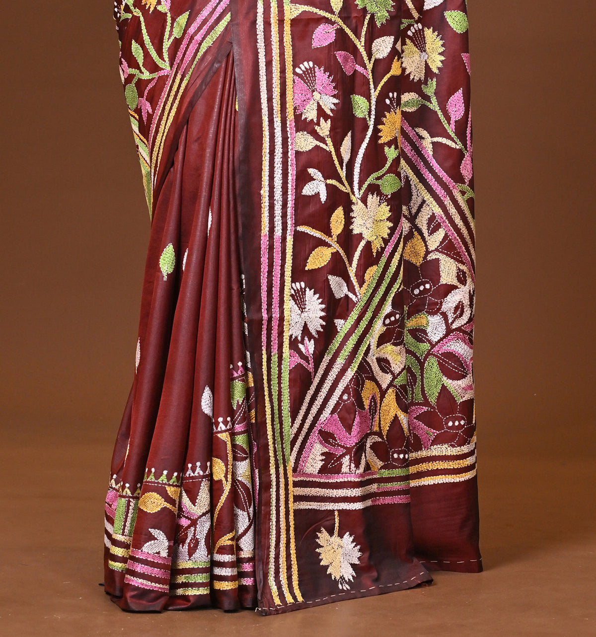 Blended Silk Kantha Stitch Saree Brown