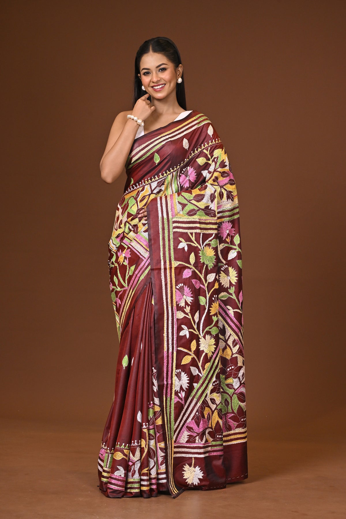 Blended Silk Kantha Stitch Saree Brown