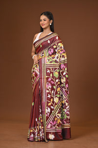 Blended Silk Kantha Stitch Saree Brown