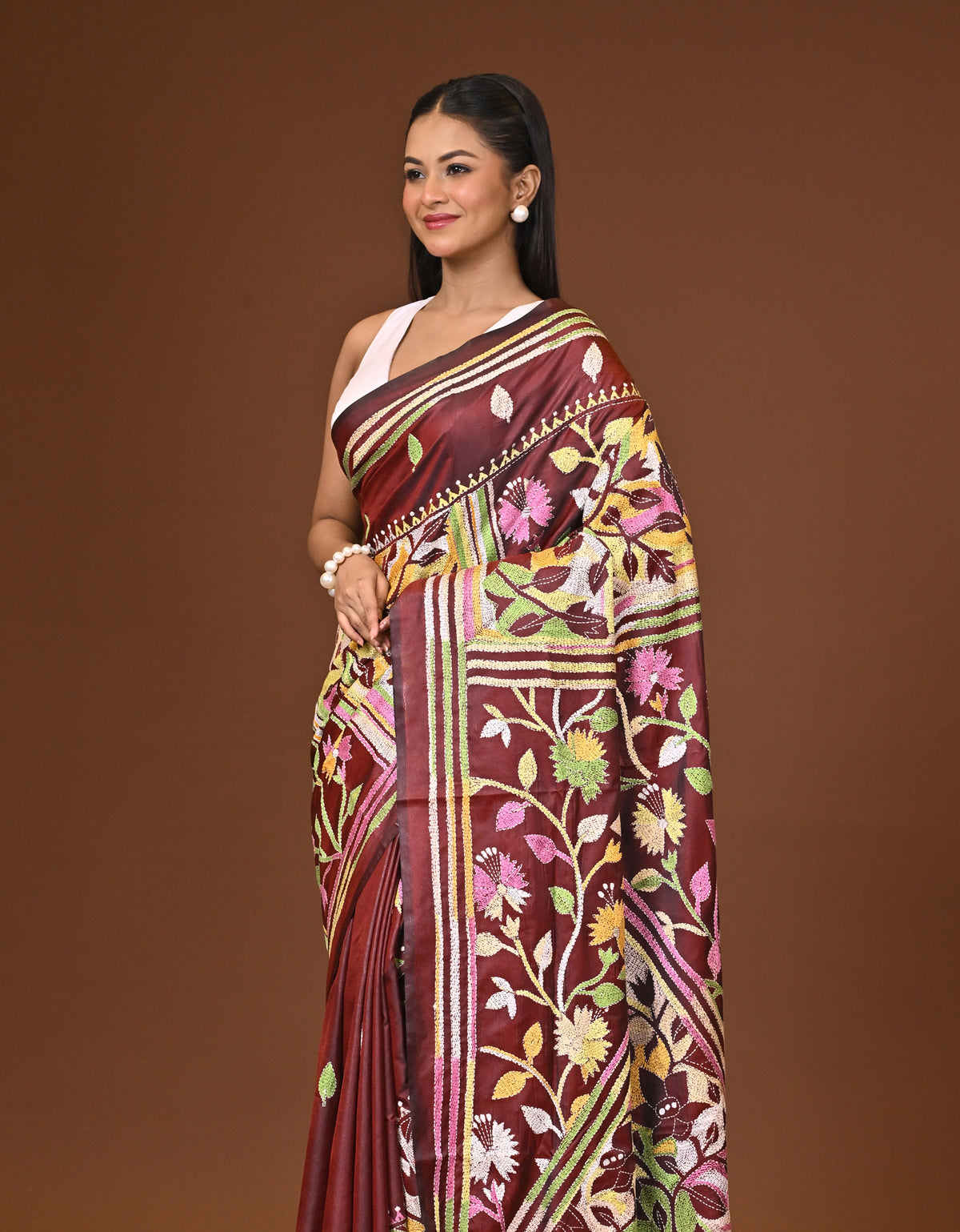 Blended Silk Kantha Stitch Saree Brown