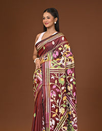 Blended Silk Kantha Stitch Saree Brown