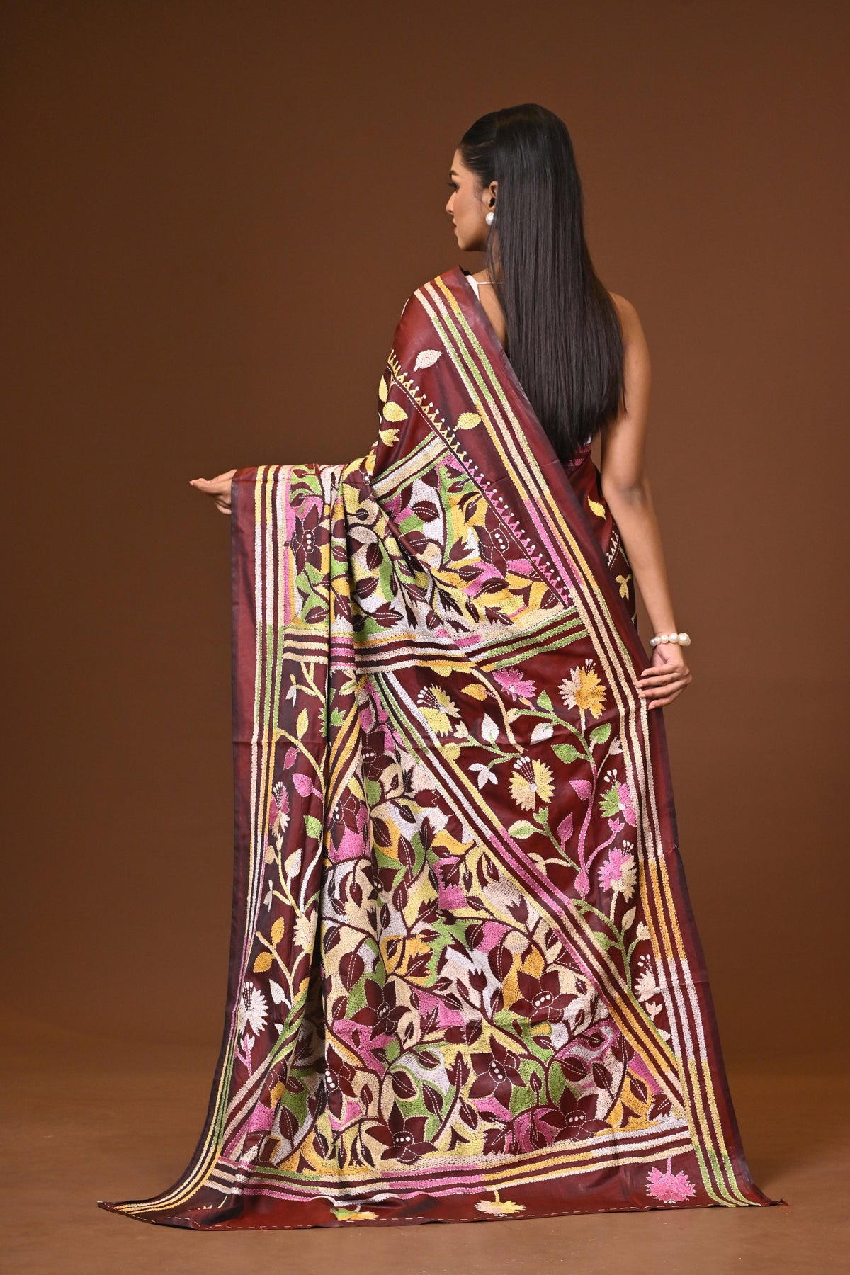 Blended Silk Kantha Stitch Saree Brown