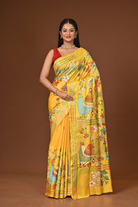 Blended Silk Kantha Stitch Saree Yellow