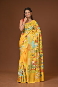 Blended Silk Kantha Stitch Saree Yellow