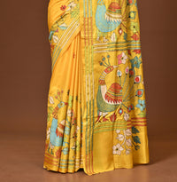 Blended Silk Kantha Stitch Saree Yellow