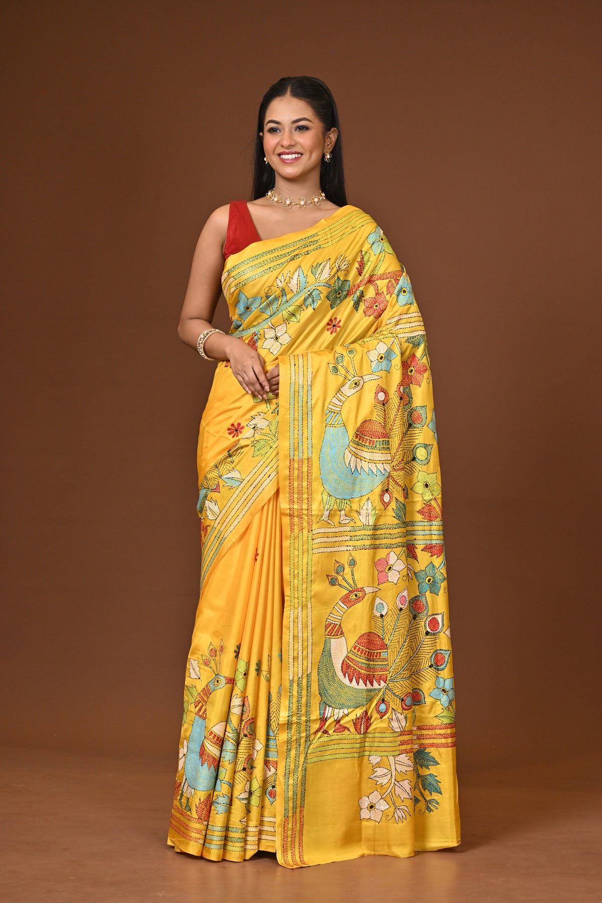 Blended Silk Kantha Stitch Saree Yellow