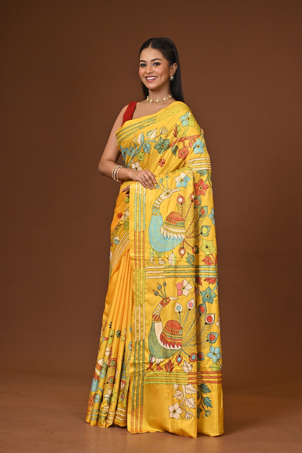 Blended Silk Kantha Stitch Saree Yellow