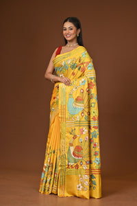 Blended Silk Kantha Stitch Saree Yellow