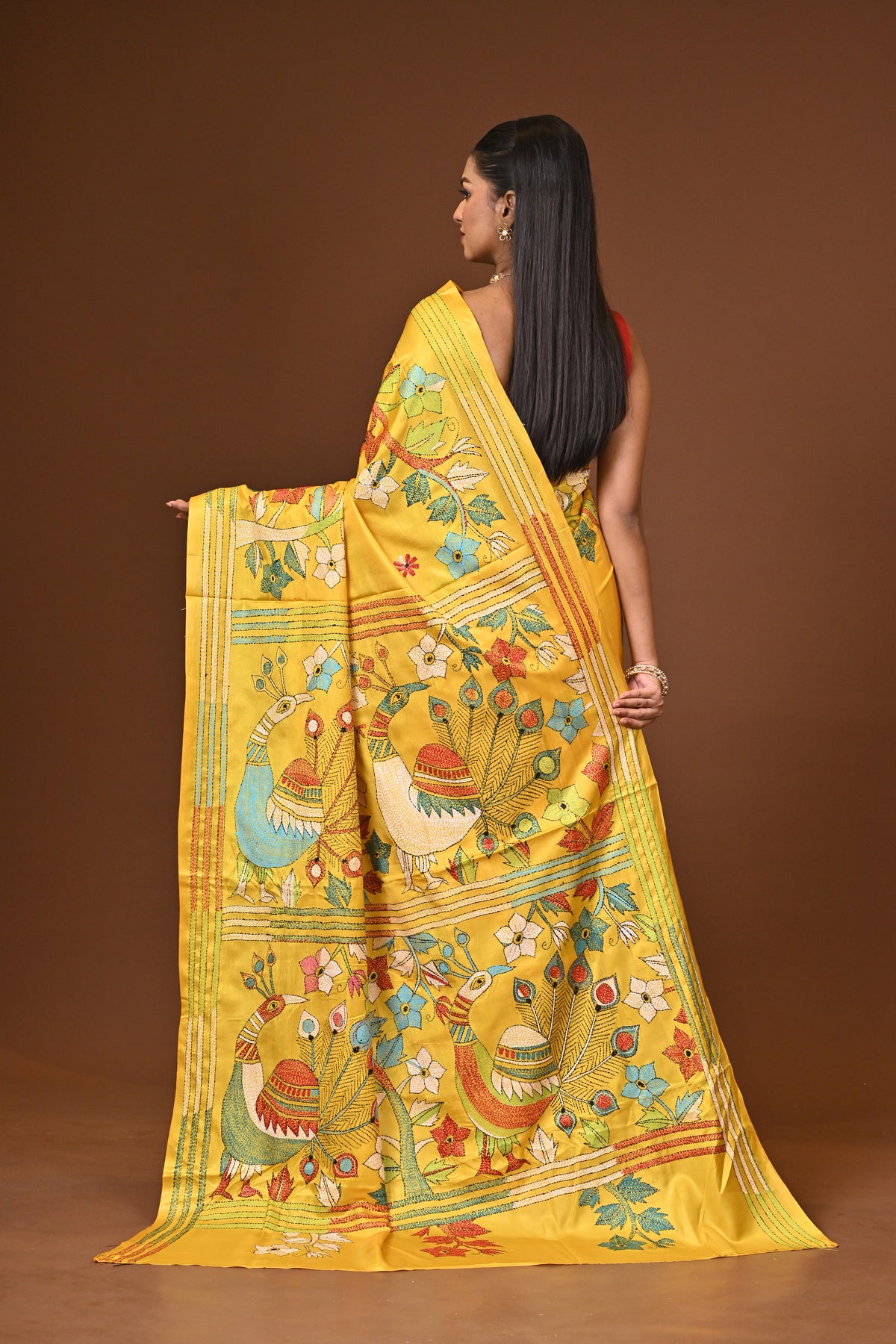 Blended Silk Kantha Stitch Saree Yellow