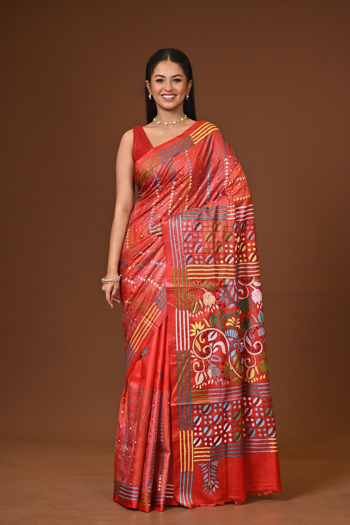 Blended Silk Kantha Stitch Saree Red