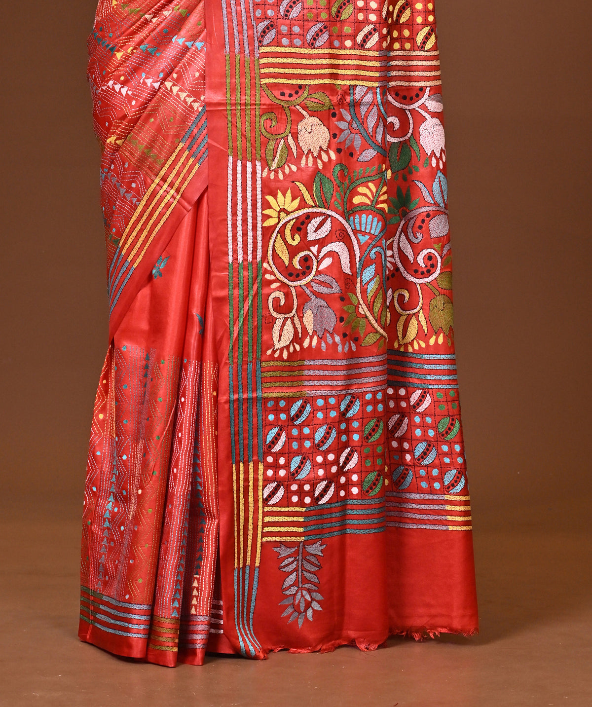 Blended Silk Kantha Stitch Saree Red