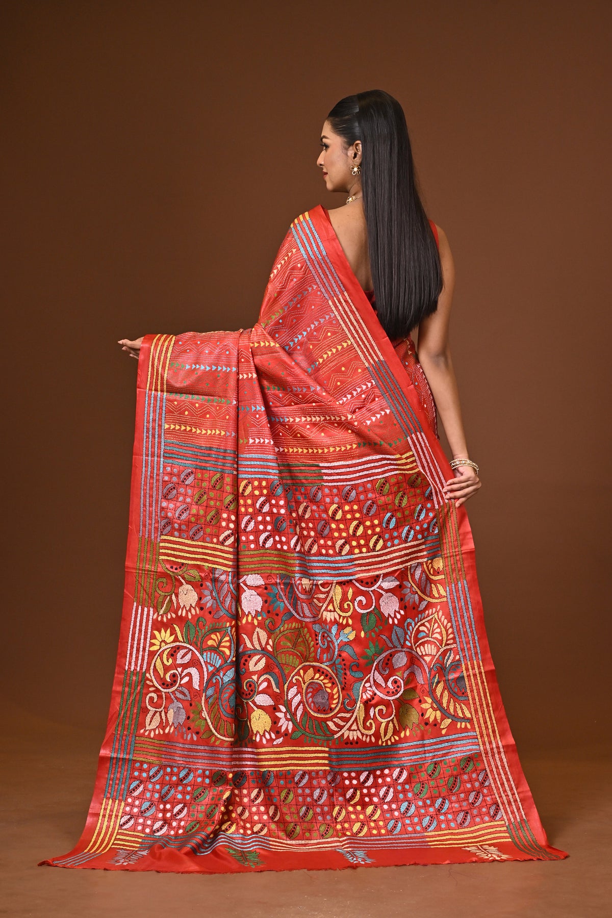 Blended Silk Kantha Stitch Saree Red