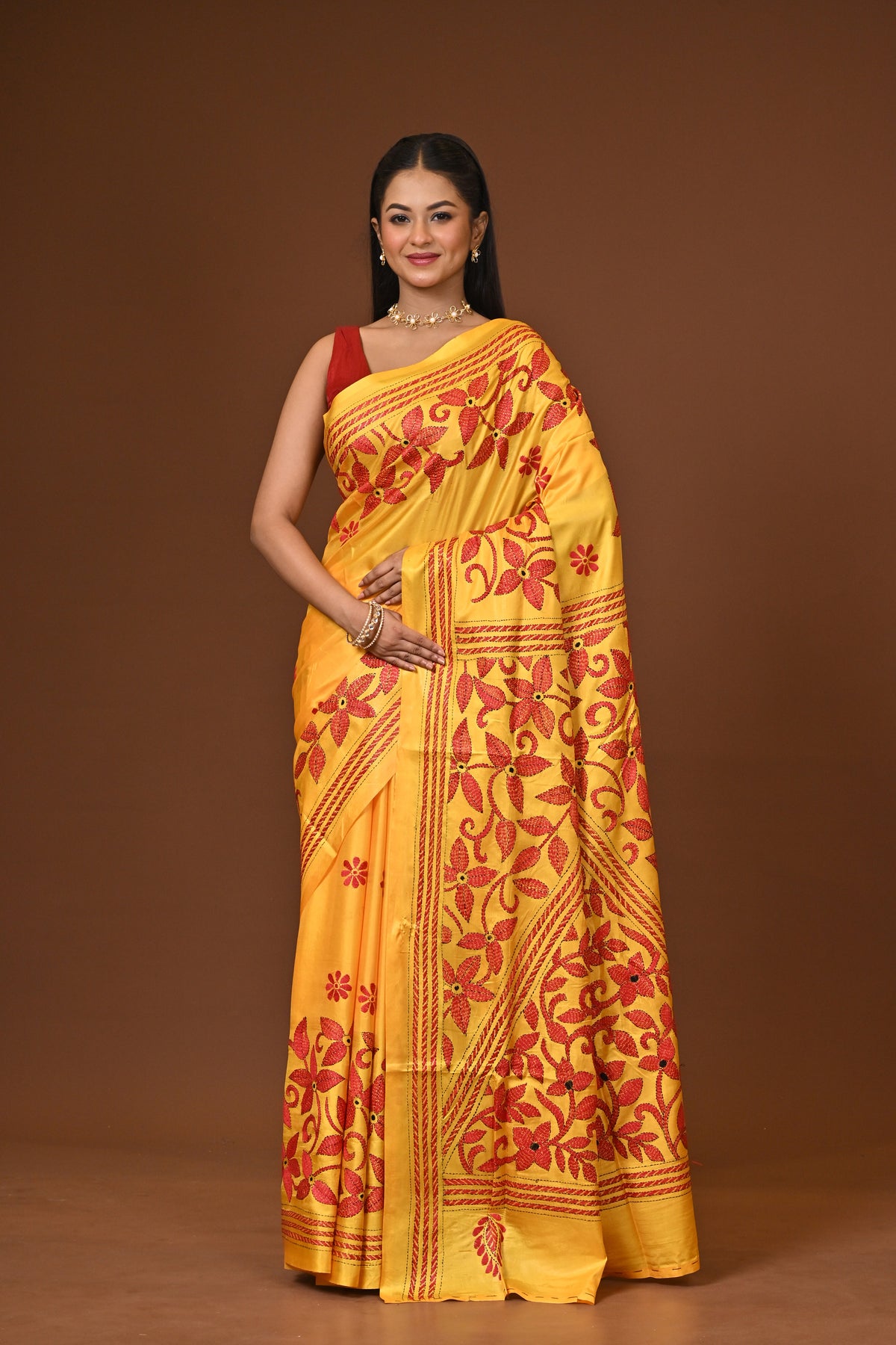 Blended Silk Kantha Stitch Saree Yellow