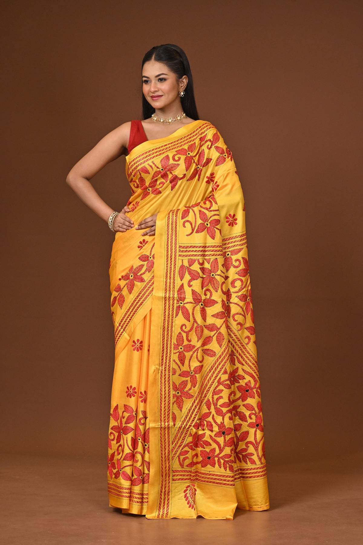 Blended Silk Kantha Stitch Saree Yellow