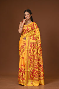 Blended Silk Kantha Stitch Saree Yellow