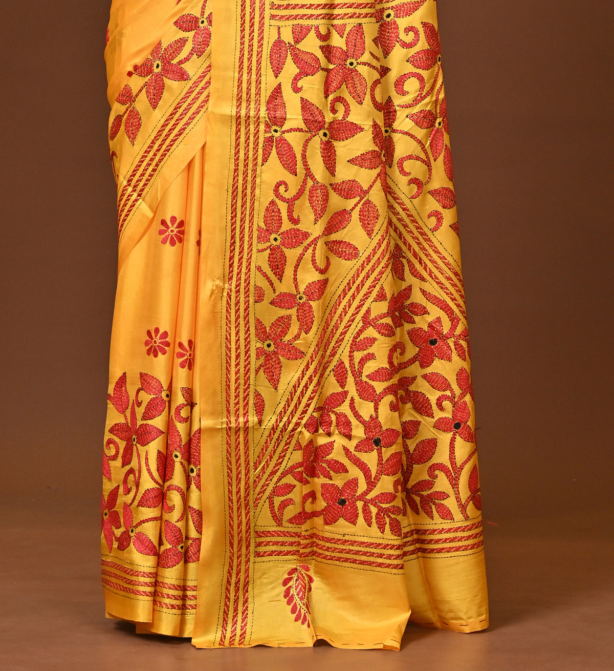 Blended Silk Kantha Stitch Saree Yellow