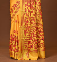 Blended Silk Kantha Stitch Saree Yellow