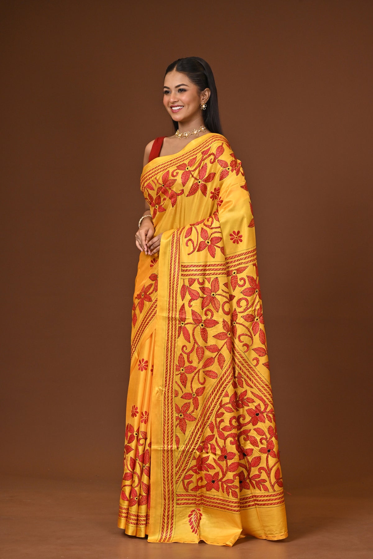 Blended Silk Kantha Stitch Saree Yellow