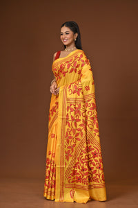 Blended Silk Kantha Stitch Saree Yellow