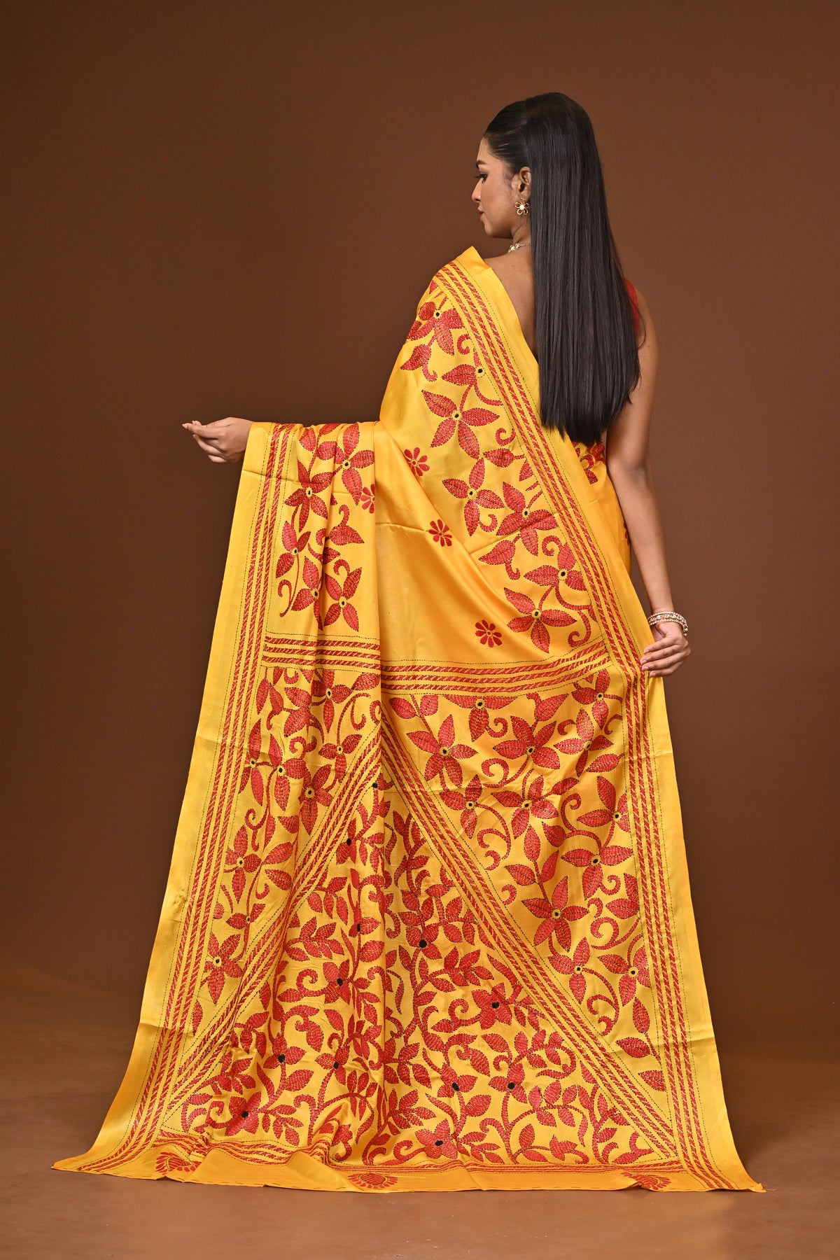 Blended Silk Kantha Stitch Saree Yellow