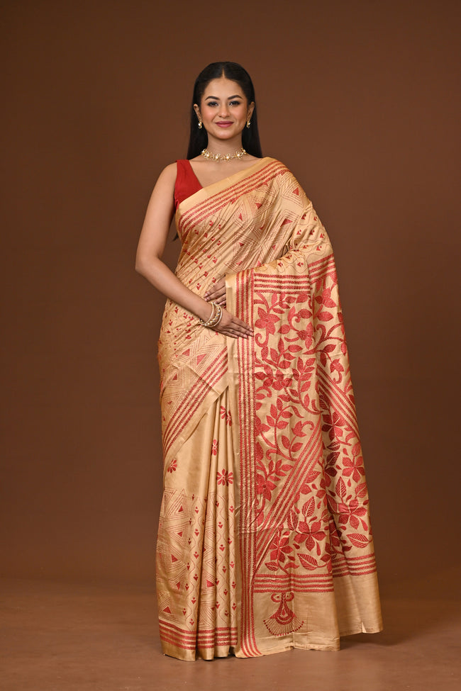 Blended Silk Kantha Stitch Saree
