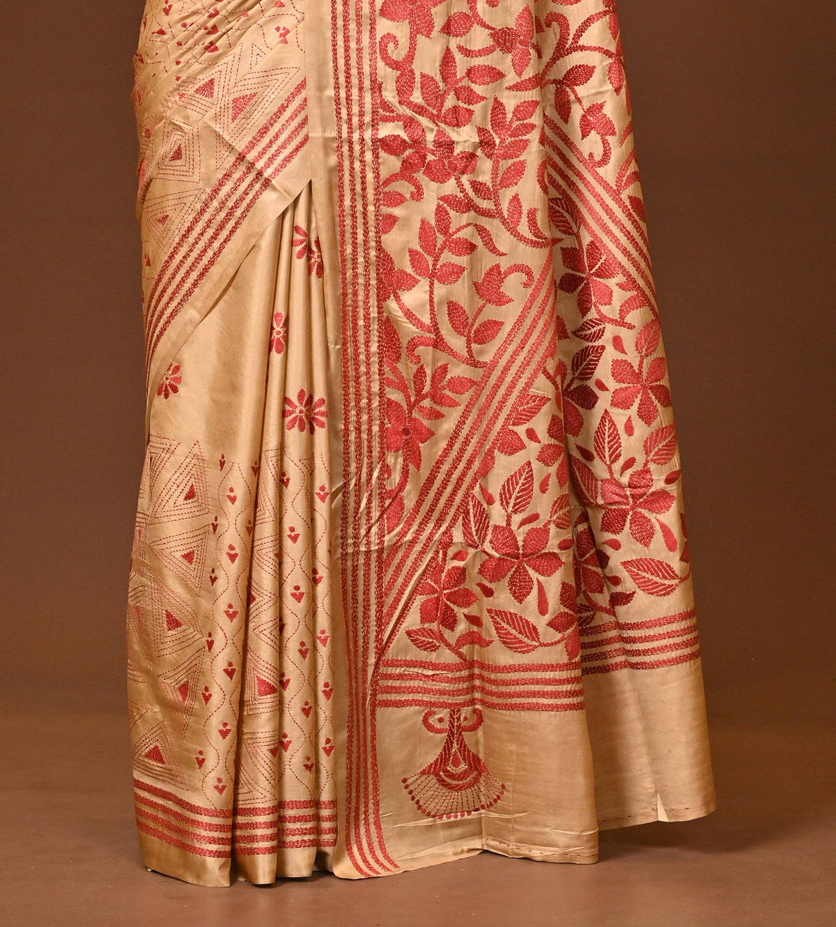 Blended Silk Kantha Stitch Saree Biege