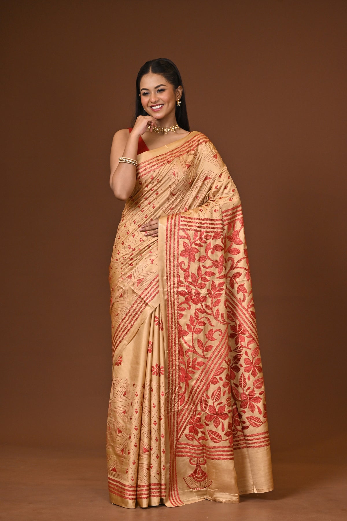 Blended Silk Kantha Stitch Saree Biege