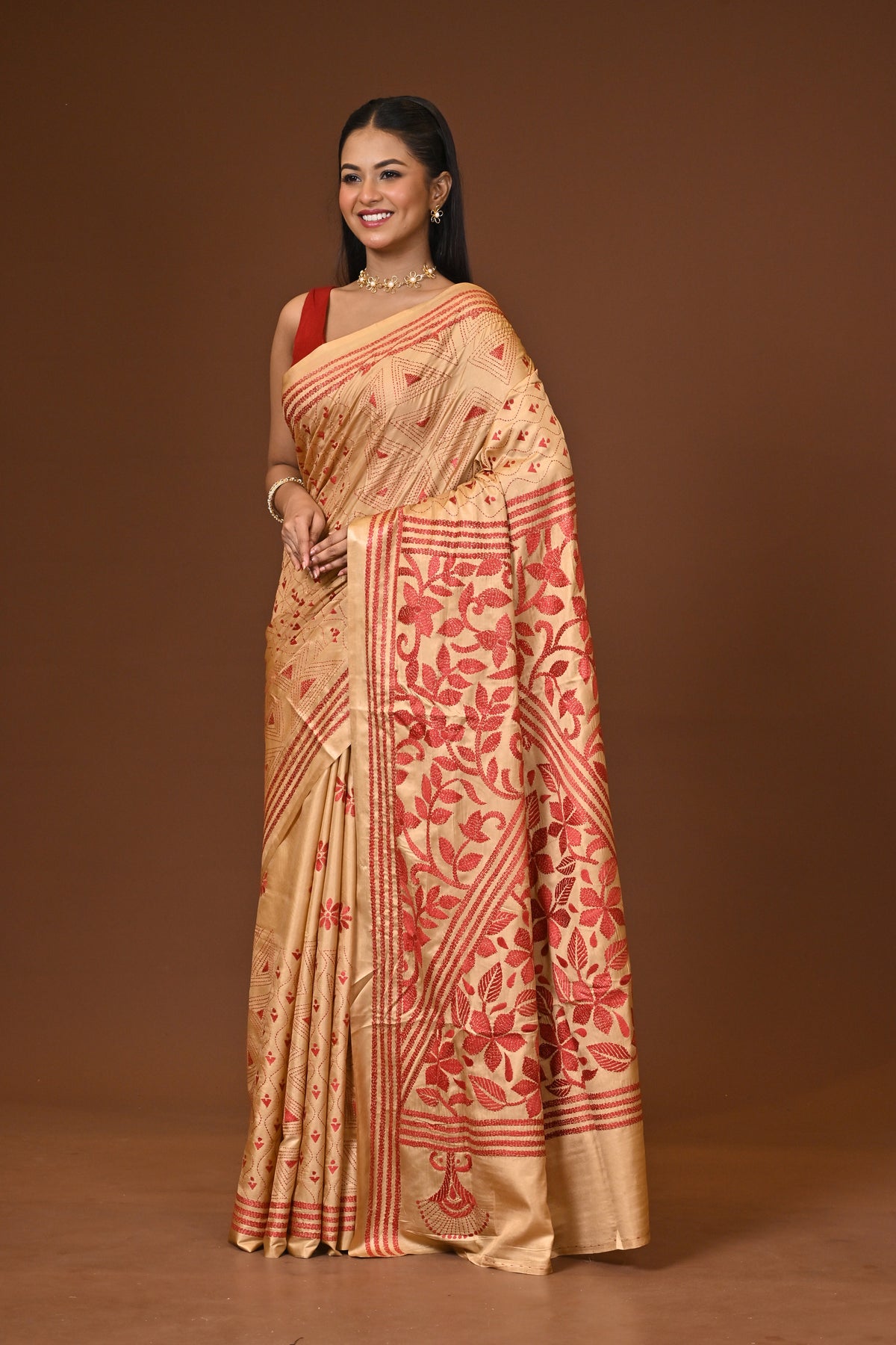 Blended Silk Kantha Stitch Saree Biege