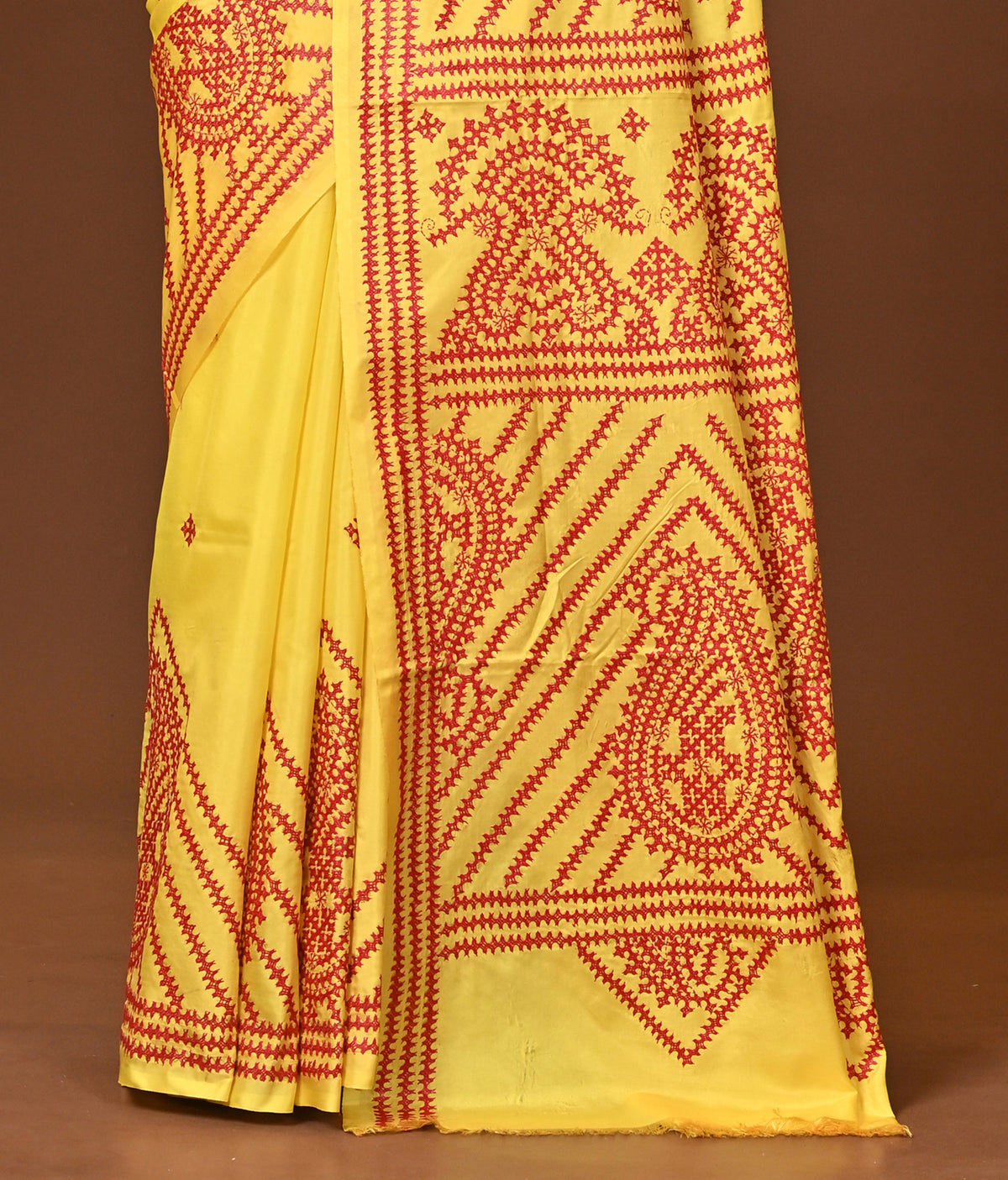 Blended Silk Kantha Stitch Saree Yellow