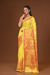 Blended Silk Kantha Stitch Saree Yellow