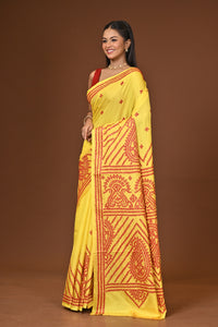Blended Silk Kantha Stitch Saree Yellow