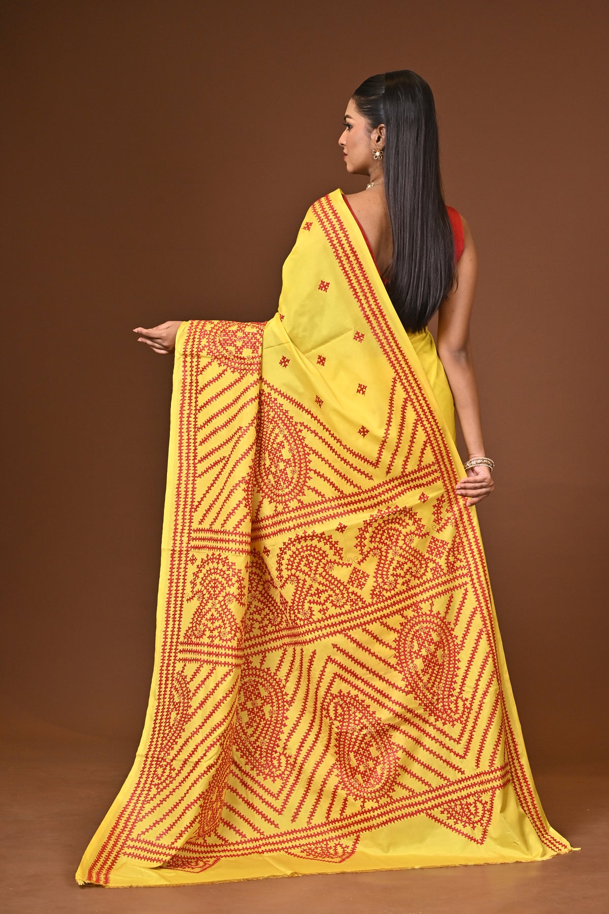 Blended Silk Kantha Stitch Saree Yellow