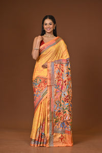 Blended Silk Kantha Stitch Saree Yellow