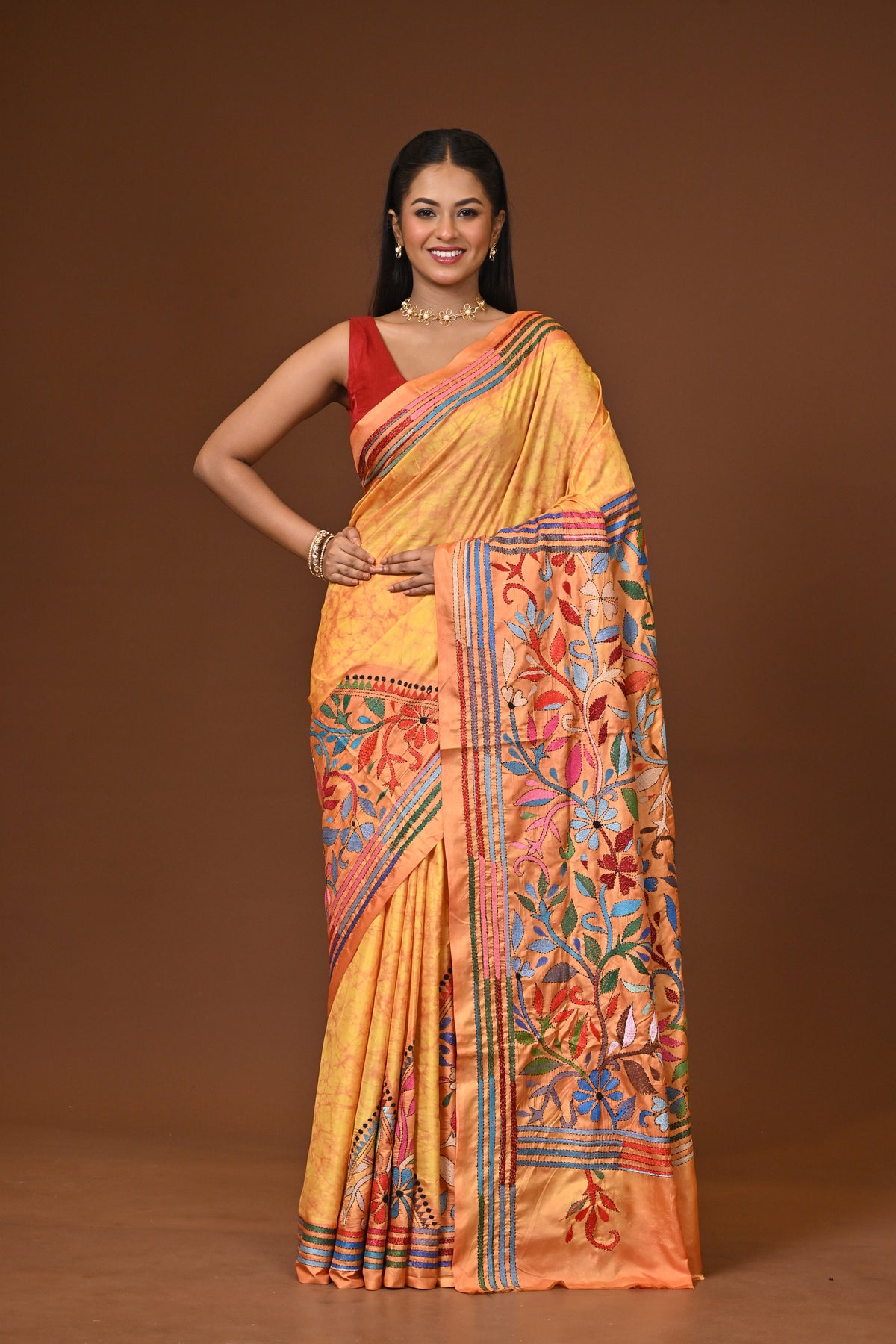 Blended Silk Kantha Stitch Saree Yellow