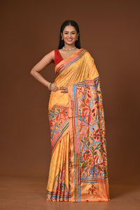 Blended Silk Kantha Stitch Saree Yellow