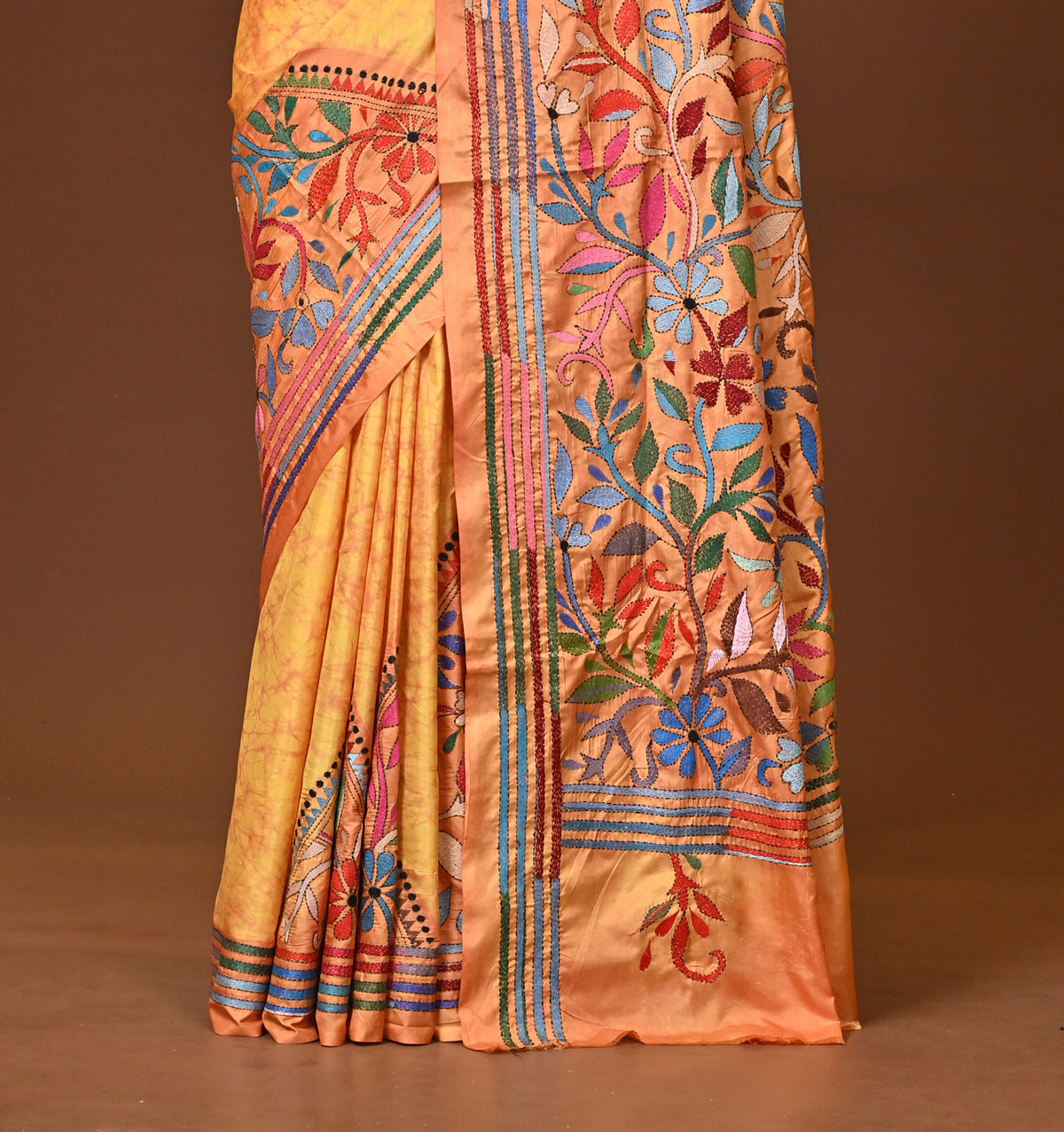 Blended Silk Kantha Stitch Saree Yellow