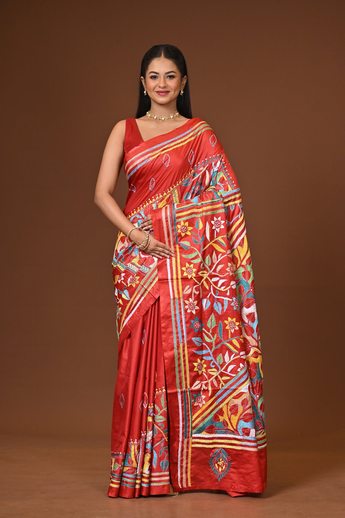Blended Silk Kantha Stitch Saree Red