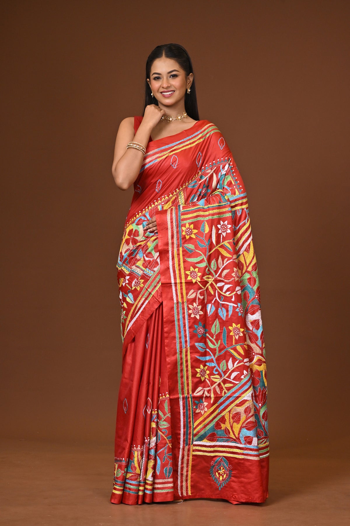 Blended Silk Kantha Stitch Saree Red