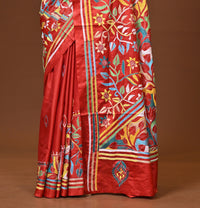 Blended Silk Kantha Stitch Saree Red