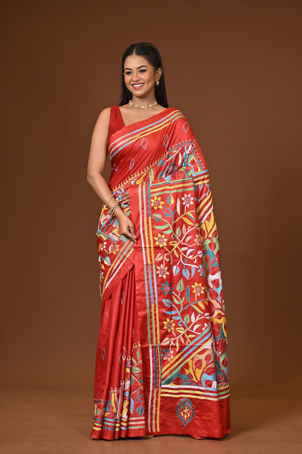 Blended Silk Kantha Stitch Saree Red