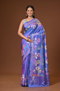 Blended Silk Kantha Stitch Saree Blue