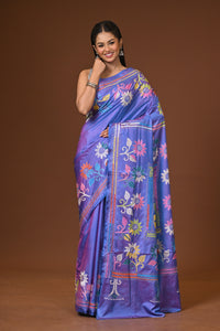Blended Silk Kantha Stitch Saree Blue