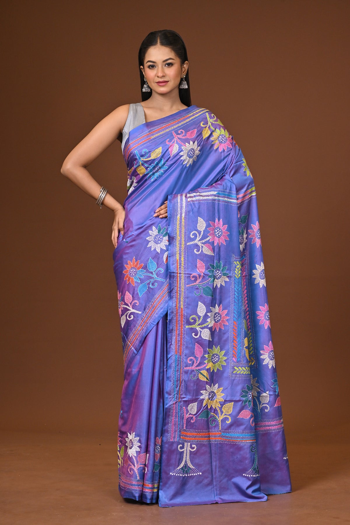 Blended Silk Kantha Stitch Saree Blue